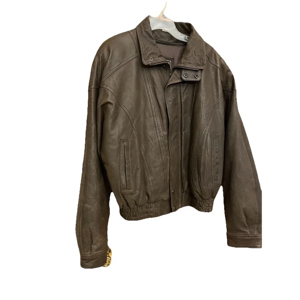 Leather Limited Men's Size L Brown Leather Bomber Jacket Zips & Snaps Zip Front